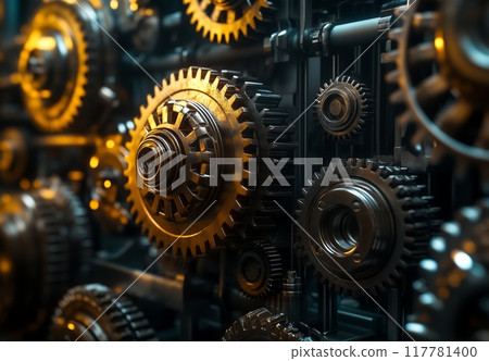 Interlocking gears and cogs dominate the foreground, bathed in warm light 117781400