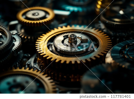 Interlocking gears and cogs dominate the foreground Interlocking gears and cogs dominate the foreground 117781401