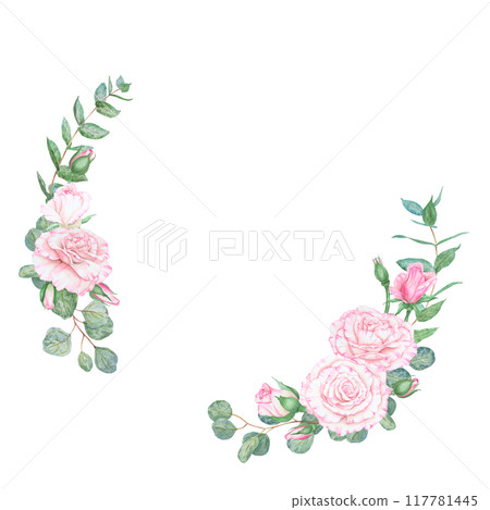 Light pink rose and eucalyptus. Watercolor botanical illustration. Hand drawn clipart, cut out and isolated. Realistic flower round frame for banner template with copy space for text in wedding prints Light pink rose and eucalyptus. Watercolor botanical illustration. Hand drawn clipart, cut out and isolated. Realistic flower round frame for banner template with copy space for text in wedding prints 117781445