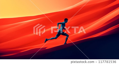 A dynamic runner, depicted in mid-sprint against an abstract background of red waves or sand dunes 117781536