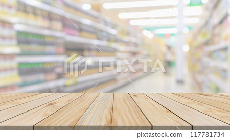 Empty wood table top with supermarket blurred background for product display 117781734