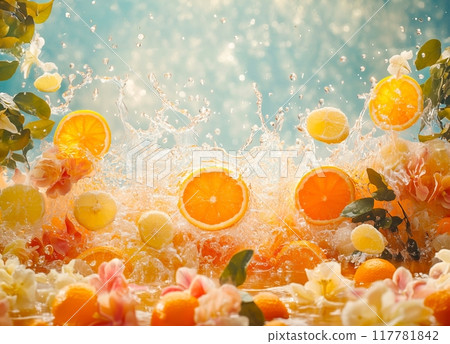 Delicate flowers frame a vibrant splash of oranges and lemons against a serene blue canvas. 117781842