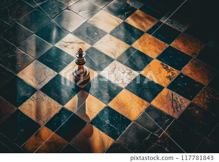 An isolated chess piece rests on a stark, black and white marble chessboard, viewed from above.  117781843