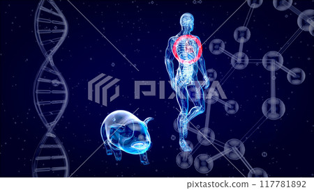 Abstract 3D illustration of a pig heart transplantation 117781892