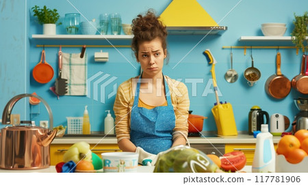 Beautiful housewife feels tired after doing housework. 117781906