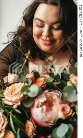 Beautiful woman holding the bouquete of white flowers. 117782001