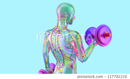 3D Illustration of an Anatomy of a X-ray man doing Biceps Curls 3D Illustration of an Anatomy of a X-ray man doing Biceps Curls 117782228