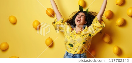 Charming cheerful sweet woman in stylish clothes who jumps and rejoices on a lemon background strewn with lemons. 117782343