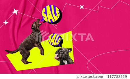 Two purebred dogs, Labrador Retriever and French Bulldog, standing on pink background with speech bubbles containing the word SALE above their heads. 117782559