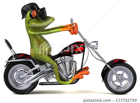 Fun frog on a motorcycle - 3D Illustration Fun frog on a motorcycle - 3D Illustration 117782749