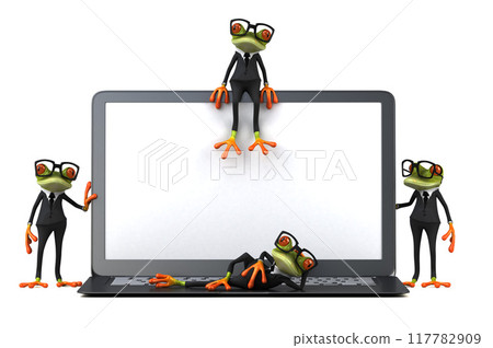 3D Illustration of green frogs next to a laptop 117782909