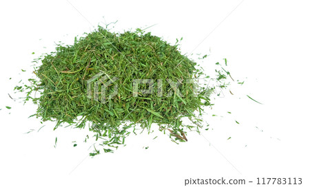 Cut out grass clippings from a lawnmower with clipping paths, set against a white background. Cut out grass clippings from a lawnmower with clipping paths, set against a white background. 117783113
