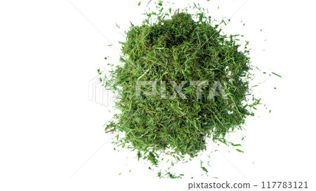 Cut out grass clippings from a lawnmower, set against a white background. Cut out grass clippings from a lawnmower, set against a white background. 117783121
