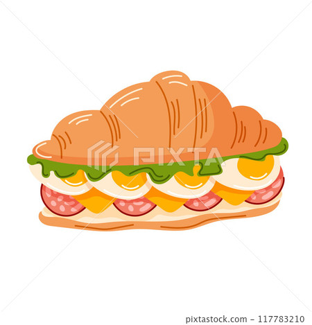 Vibrant illustration of a croissant sandwich filled with lettuce, eggs, cheese, and salami in cartoon style. Bakery for breakfast, brunch, or a quick snack. Vector illustration on a white background. 117783210