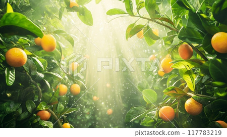 Sun-drenched orange trees laden with ripe fruit, emerald leaves shimmering 117783219