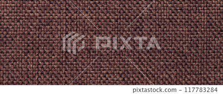 Texture dark brown background from woven textile with wicker pattern, macro. Structure of vintage umber fabric cloth, 117783284