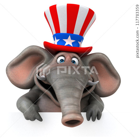 Fun 3D cartoon elephant with an uncle sam hat Fun 3D cartoon elephant with an uncle sam hat 117783359
