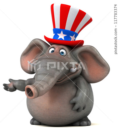 Fun 3D cartoon elephant with an uncle sam hat Fun 3D cartoon elephant with an uncle sam hat 117783374