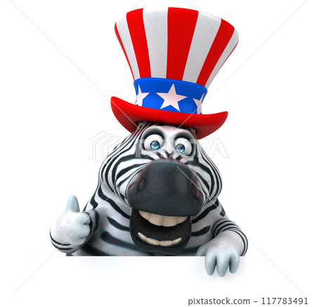 Fun 3D cartoon zebra with an uncle sam hat Fun 3D cartoon zebra with an uncle sam hat 117783491