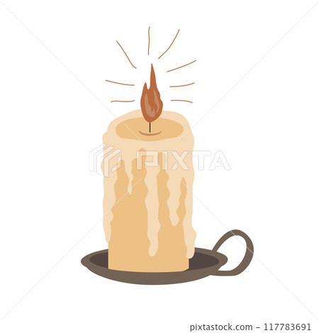 Flaming candle in a bronze or ceramic candle holder, Vector illustration isolated on a white background. Design element for cozy decor, holiday designs, or hygge relaxation themes. Flaming candle in a bronze or ceramic candle holder, Vector illustration isolated on a white background. Design element for cozy decor, holiday designs, or hygge relaxation themes. 117783691