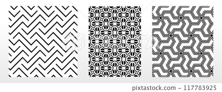 Geometric set of seamless black and white patterns. Simple vector graphics. Geometric set of seamless black and white patterns. Simple vector graphics. 117783925