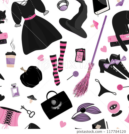 Halloween Witch accessories seamless pattern in... - Stock Illustration  [117784120]