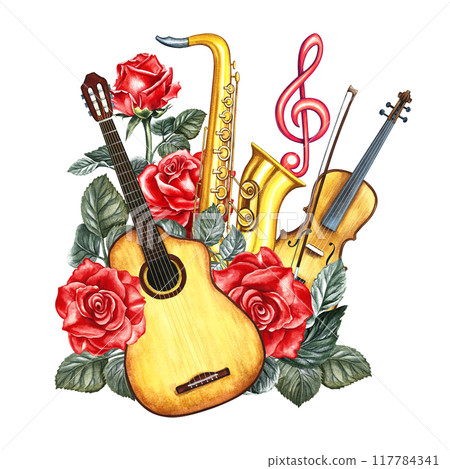 Musical instruments: violin, saxophone, guitar and treble clef decorated with roses. Watercolor illustration made by hand. For posters, flyers and invitation cards, stickers, postcards and prints. 117784341