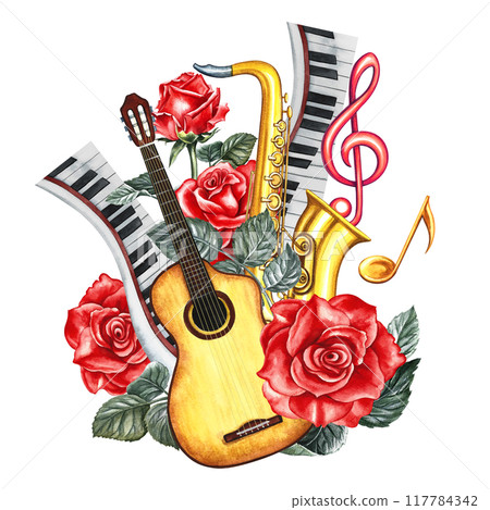 Music. Guitar, saxophone and musical keys decorated with red roses. The watercolor illustration is made by hand. Highlight it. For posters, flyers and invitation cards. For badges, stickers and prints 117784342