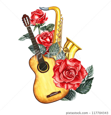 Music. Guitar and saxophone decorated with red roses. The watercolor illustration is made by hand. Highlight it. For posters, flyers and invitation cards, postcards. For logos, stickers and prints. Music. Guitar and saxophone decorated with red roses. The watercolor illustration is made by hand. Highlight it. For posters, flyers and invitation cards, postcards. For logos, stickers and prints. 117784343