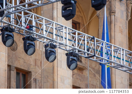 Spotlights over the stage in front of the Georgian parliament Spotlights over the stage in front of the Georgian parliament 117784353