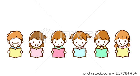 Line drawing illustration of a child reading a book Line drawing illustration of a child reading a book 117784414