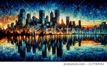 city at night, mosaic depiction of an urban skyline at dusk 117784561