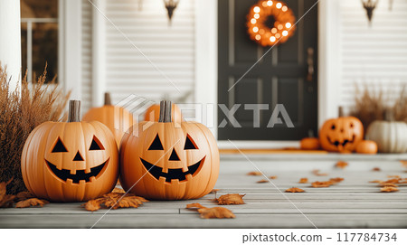 Halloween pumpkin decorations. Halloween decorated at front yard of a home. AI-generated item 117784734