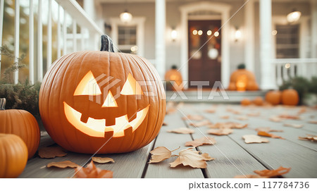 Halloween decorated at front yard of a home. Halloween decorated front door with pumpkins. AI-generated item  117784736