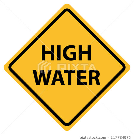 High water caution sign. High water sign and labels symbol. US warning traffic. Road warning logo. flat style. 117784975