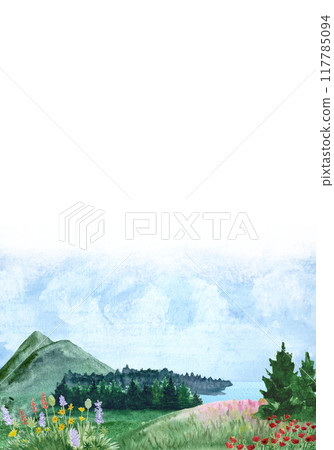 Mountain scenery with forest in the distance, lake and poppies close up. Watercolor hand painted high quality illustration for cards, banners, packages, invitations, notebooks, tourist guides design Mountain scenery with forest in the distance, lake and poppies close up. Watercolor hand painted high quality illustration for cards, banners, packages, invitations, notebooks, tourist guides design 117785094