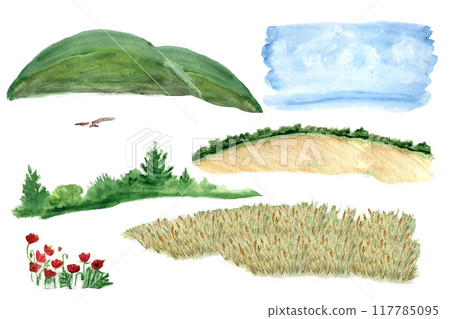 Wheat fields with bush borders, kite, hills, sky and poppy flowers watercolor set isolated on white. Hand painted nature, landscape design elements great for cards, banners, advertisements, guides 117785095