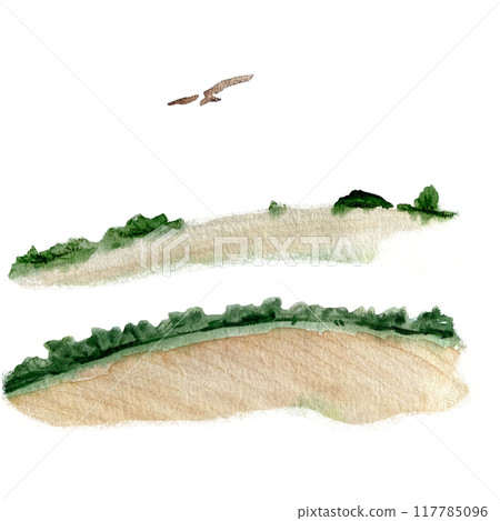 Landscape elements, wheat fields with bush borders, kite watercolor set isolated on white. Hand painted nature, landscape, travel design elements great for cards, banners, advertisements, guides decor Landscape elements, wheat fields with bush borders, kite watercolor set isolated on white. Hand painted nature, landscape, travel design elements great for cards, banners, advertisements, guides decor 117785096