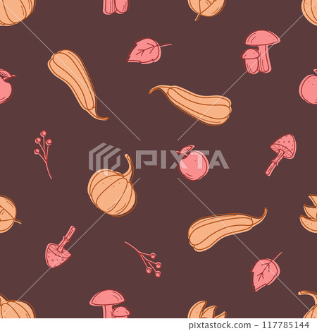 Seamless pattern Autumn doodle icons. Vector illustration of autumn elements, background wallpaper. Seamless pattern Autumn doodle icons. Vector illustration of autumn elements, background wallpaper. 117785144