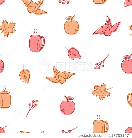 Seamless pattern Autumn doodle icons. Vector illustration of autumn elements, background wallpaper. Seamless pattern Autumn doodle icons. Vector illustration of autumn elements, background wallpaper. 117785147