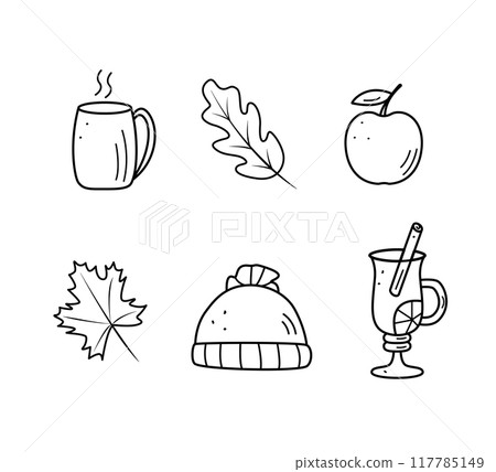Autumn doodle icons. Vector illustration of autumn elements, sketch outline on a white background. Autumn doodle icons. Vector illustration of autumn elements, sketch outline on a white background. 117785149