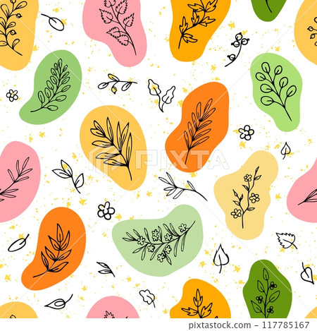 Leaves, herbs in colorful eco shapes, pattern 117785167