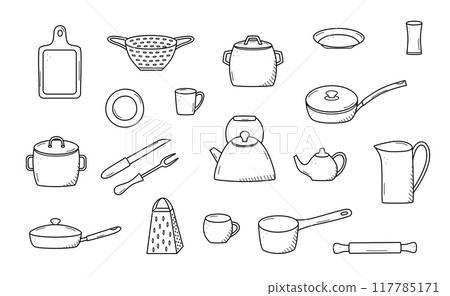 Kitchen tools and tableware doodle icon. Vector illustration set of elements cook. 117785171