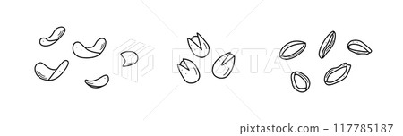 Potato crispy chips, dried or fried onion squid rings, snacks salted nuts in a shell, Pistachios doodle cartoon vector. 117785187