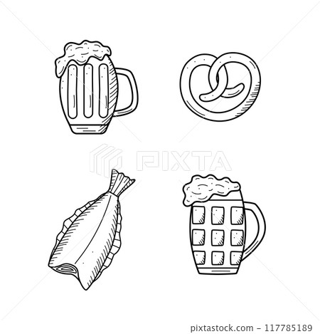 Beer doodle icons set. Vector illustration of Pub elements beer and snacks. Sketch drawing Oktoberfest or bar. 117785189