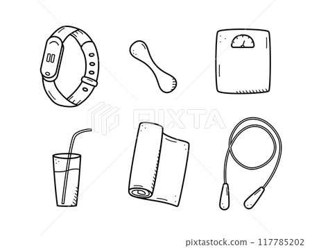 Sports doodle icon set concept. Design elements of a sports invert, a healthy lifestyle. Vector illustration Sports doodle icon set concept. Design elements of a sports invert, a healthy lifestyle. Vector illustration 117785202