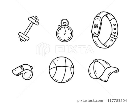 Sports doodle icon set concept. Design elements of a sports invert, a healthy lifestyle. Vector illustration 117785204