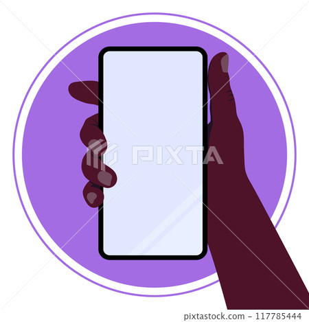 African American man holding a smartphone. Phone in hand. Vector illustration 117785444