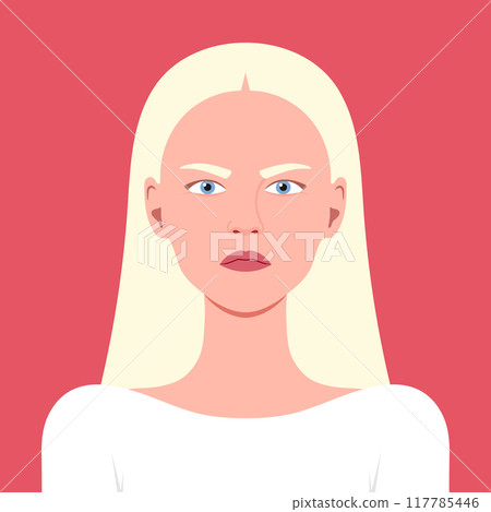 Portrait of an angry young woman with blond hair. Facial expression of an anger, gloomy and wrath. Vector illustration 117785446