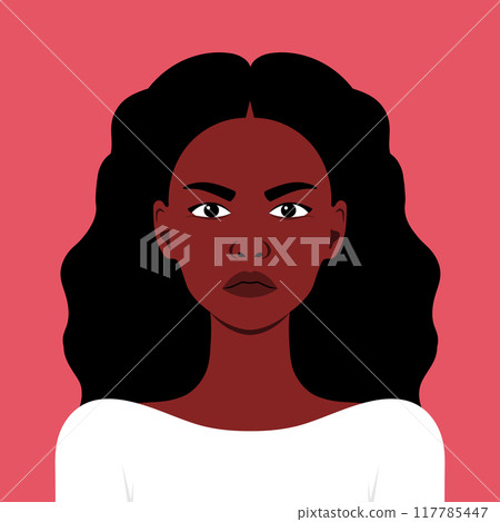 Portrait of young angry African woman. Facial expression of an anger, gloomy and wrath. Vector illustration 117785447
